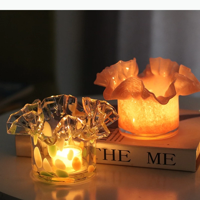 Glass Candlestick Transparent Pleated Pattern Candle Stand Candle Flower Vase Desktop Storage Container Home Decoration
