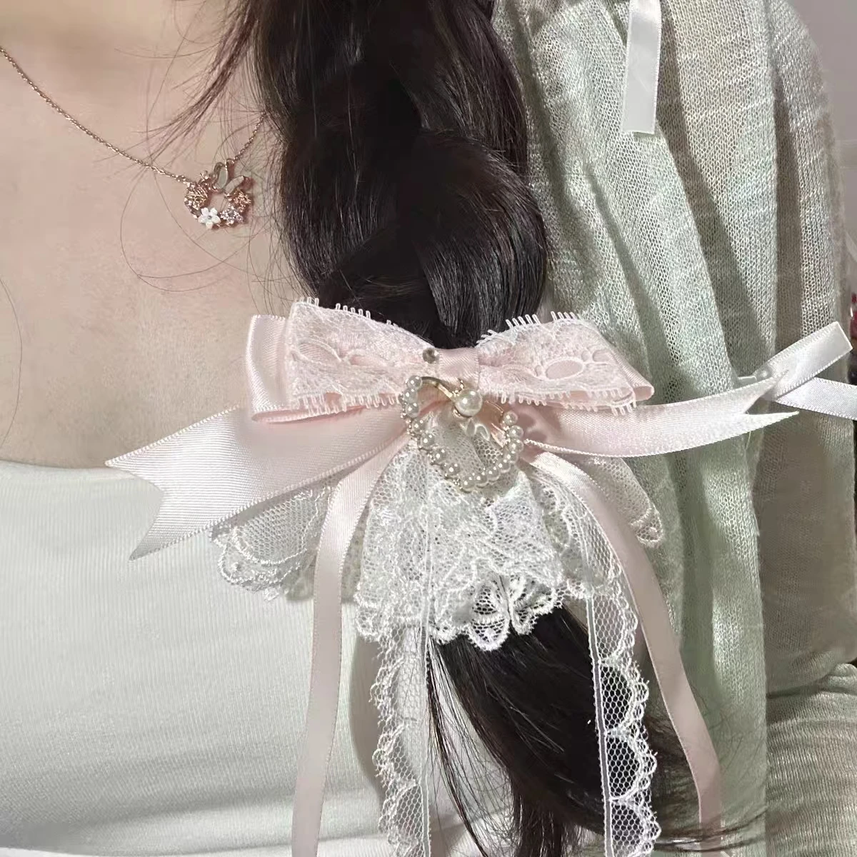 Y2K أنيقة لؤلؤة الحب مقاطع الشعر الأقواس الحلوة الدانتيل طبقة مزدوجة دبابيس الشعر Harajuku إكسسوارات الشعر لعيد الحب عيد الميلاد