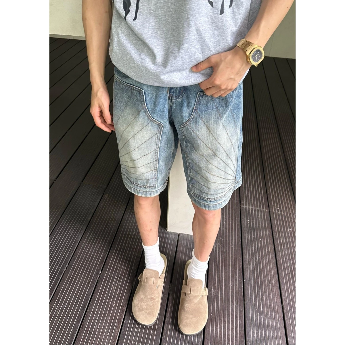 Retro American Heavyweight Denim Shorts Men's Summer Loose Design Vintage Washed Five-Point Couple's Jeans Slim Fit Casual