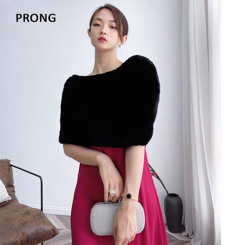 Knitted Fur Shawl Cape Real Rabbit Fur Scarf Women Winter Warm Fur Scarves Party Wedding Fur Cape Elastic Shoulder Neck Scarf