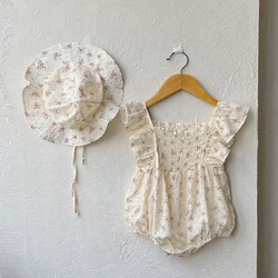 2024 New Summer Toddler Baby Girls Jumpsuit+Hat Sleeveless Cotton Printing Infant Baby Girls Bodysuits 0-24M Baby Girl Clothing