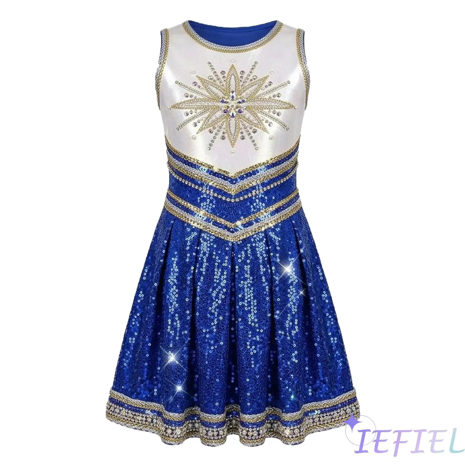 

Kids Shiny Sequins Cheerleader Dress Sleeveless Round Neck A Line Ruffle Swing Dress for School Girls Cheerleading Competition