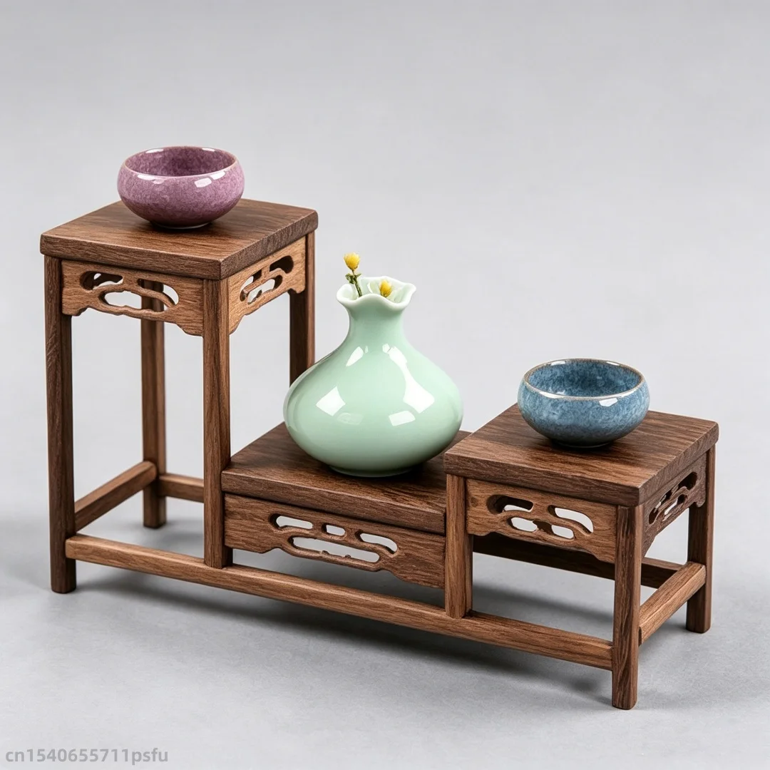Wooden Multi-tier Chinese Style Display Shelf Mini Desktop Rack Teaware Figurine Collectibles Holder Home Office Table Decor