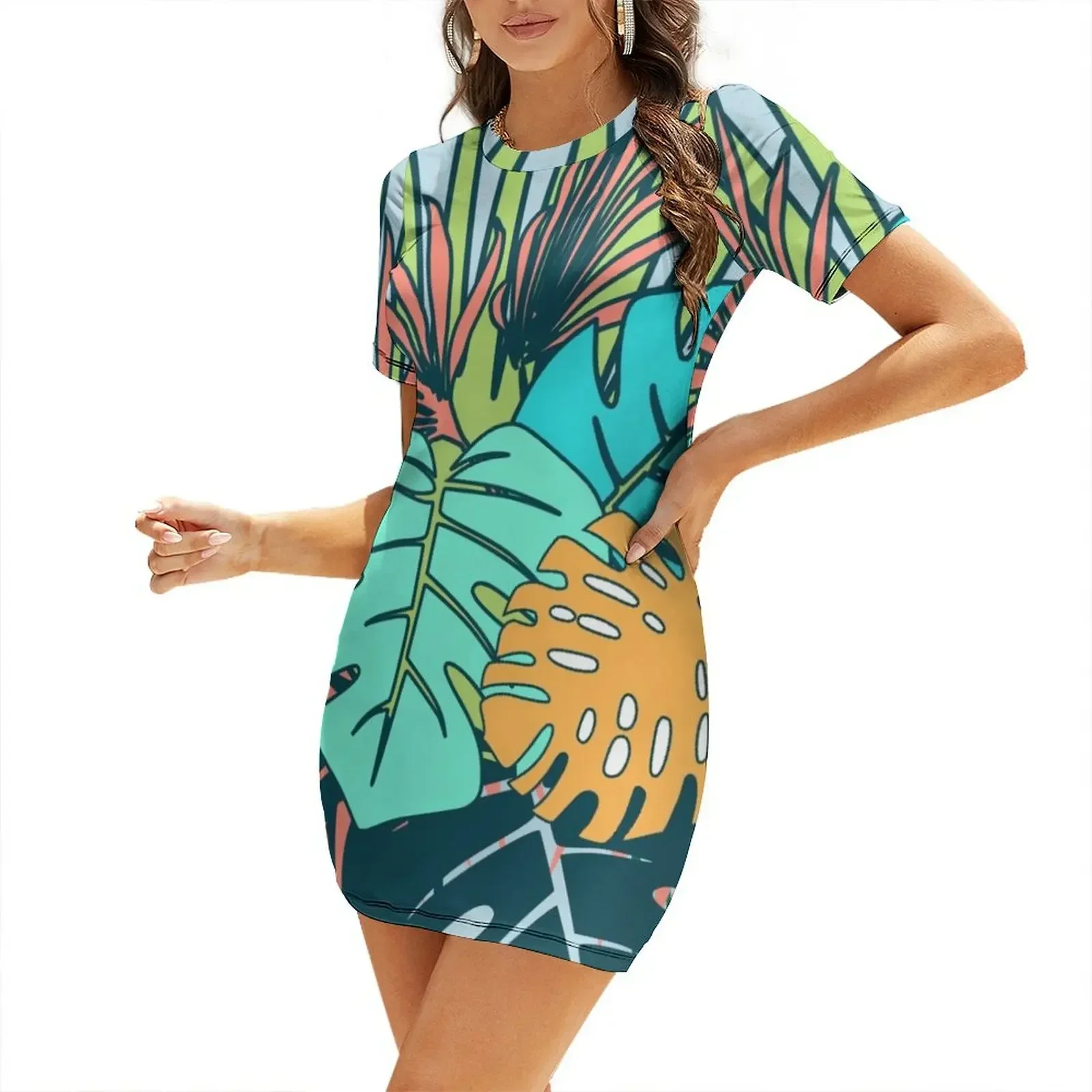 

Tropical Leaves blue Short-Sleeved Dress clothes for woman birthday dresses for women elegant guest wedding dress