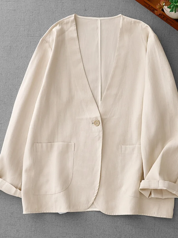 

Casual Cotton Linen Suit Jaet Women's V-ne Long Sve Breathable Spring Summer One-button Leisure Outerwear