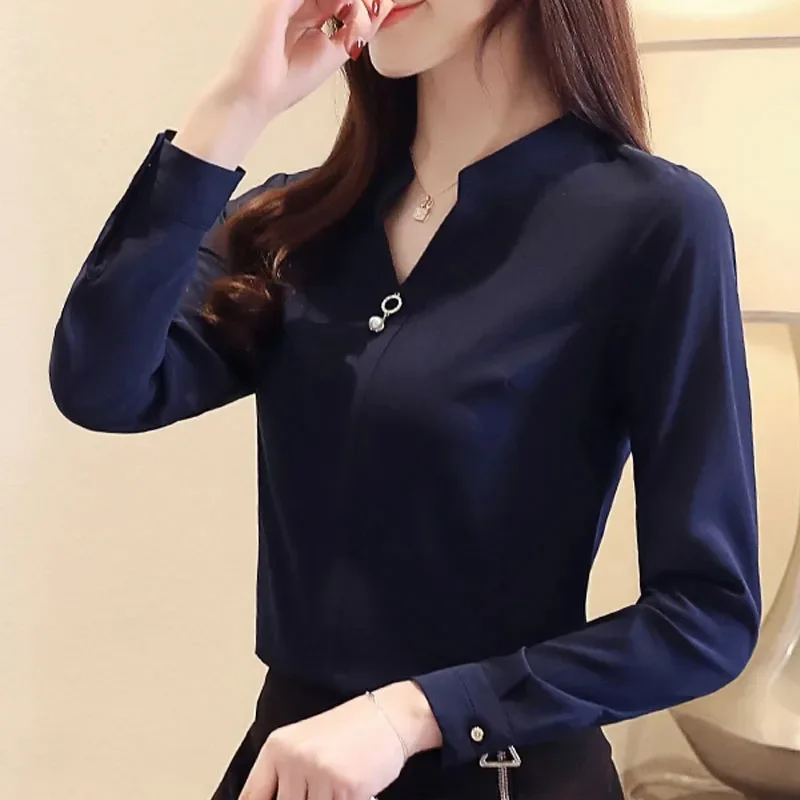 Fashion V Neck Chiffon Women\'s Shirts Elegant Long Sleeve White Women Blouse Office Tops Blue Female Clothing