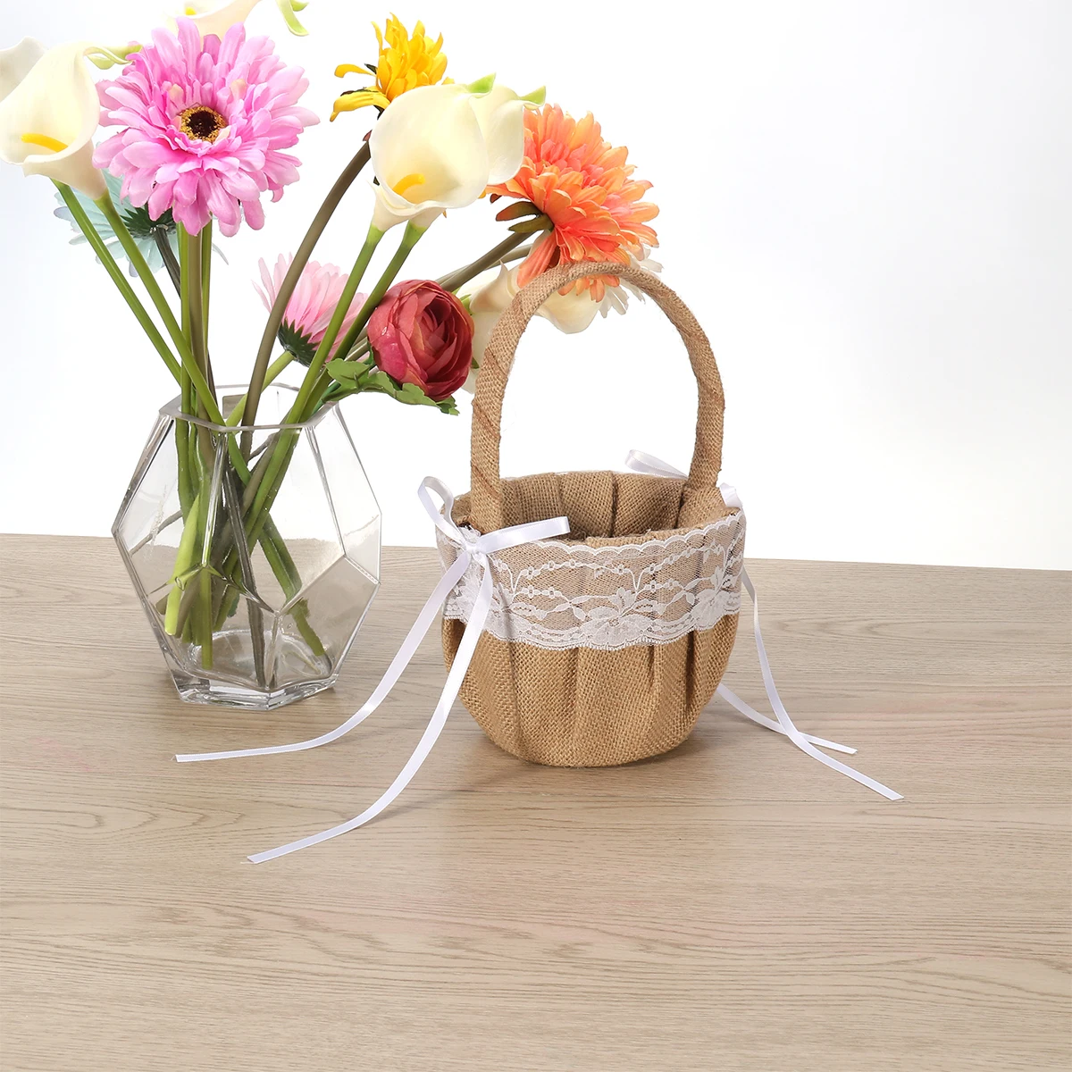 

Burlap Jute Lace Flower Basket Ring Bearer Pillow Wedding Decor Rustic Country Style Elegant White Trim Retro