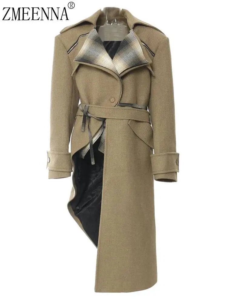 

ZMEENNA Women's Chic Long Trench Coat With Asymmetrical Hem And Plaid Detailing Belted Waist Outerwear For Fall ZM3773
