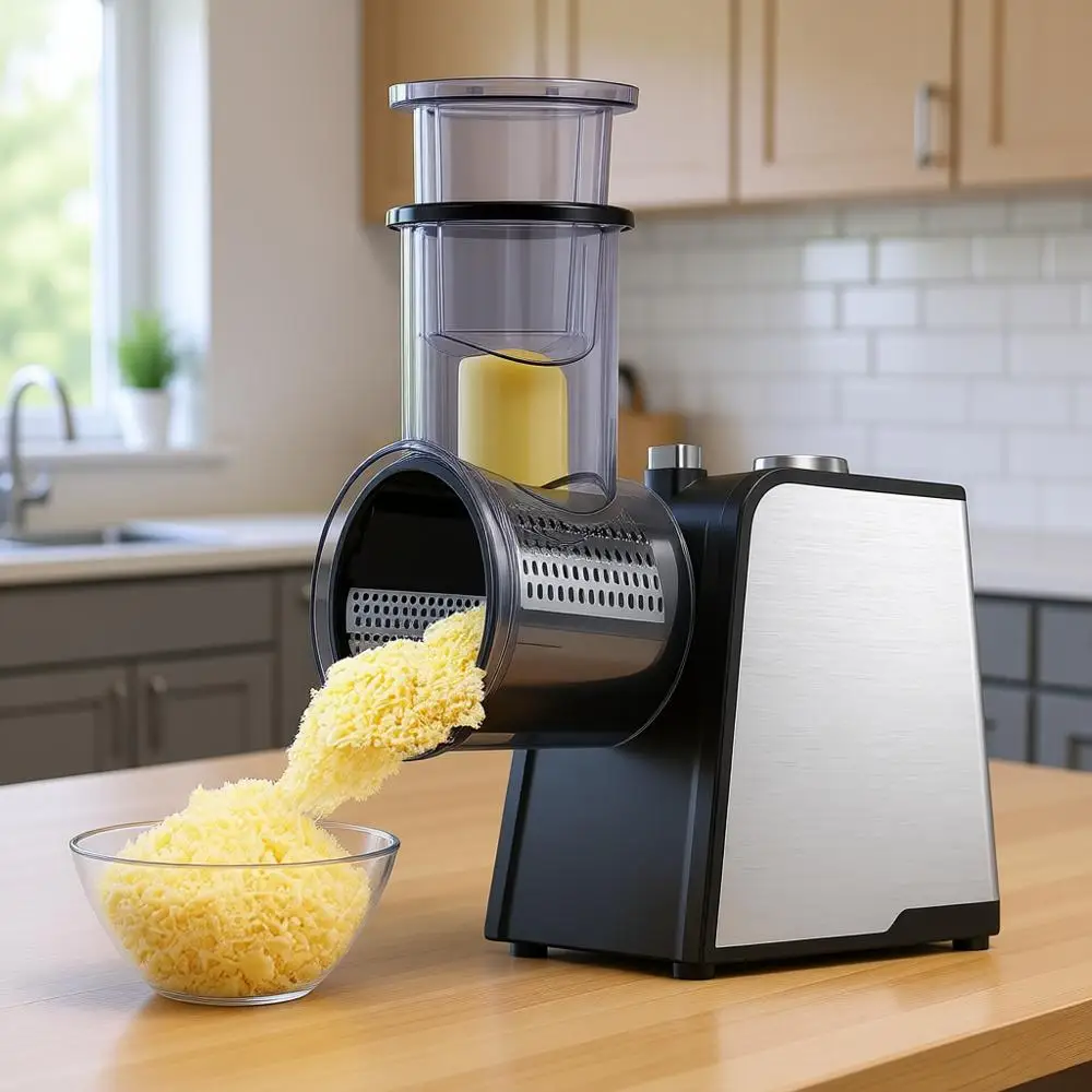 Rallador de Queso Eléctrico, Preparador de Ensaladas, Rebanador de Alimentos, Picador para Verduras, Pepino, Zanahorias, Repollo, Nueces (Negro)