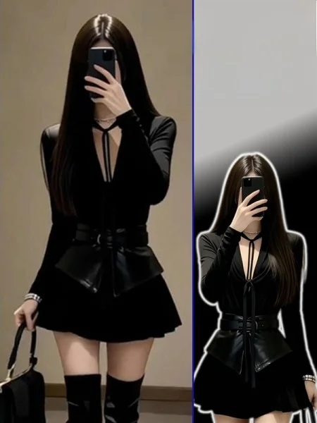 

Комплект женской модной одежды больших размеров: топ с V-образным вырезом и длинными рукавами, юбка А-силуэта с завышенной талией, в стиле Sweet Cool Spicy Girl, индивидуальный дизайн