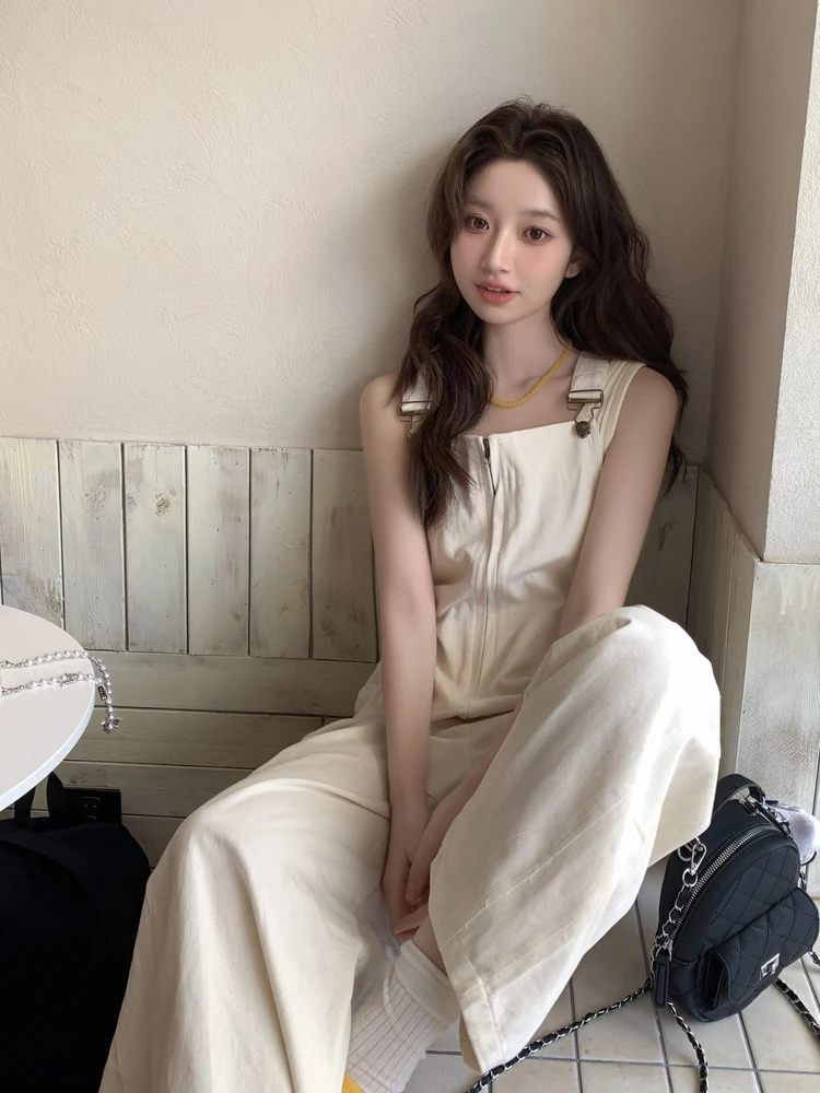 Koreańskie kombinezony damskie w stylu sle sweet cool, letnie, z wysokim stanem, szerokie nogawki, uniwersalne ubrania robocze, szykowny, modny kombinezon jednoczęściowy.