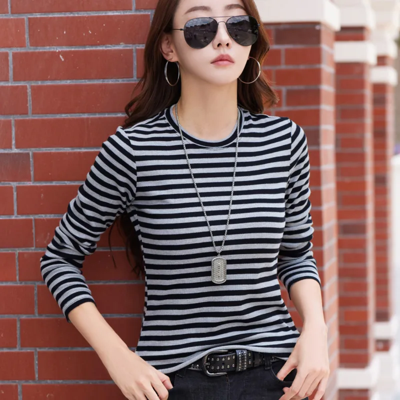 #0391 Spring Autumn Striped T Shirt Long Sleeve Slim Fit Cotton 95% Skinny Women\'s T-shirt Round Neck Office Tshirt Elegant