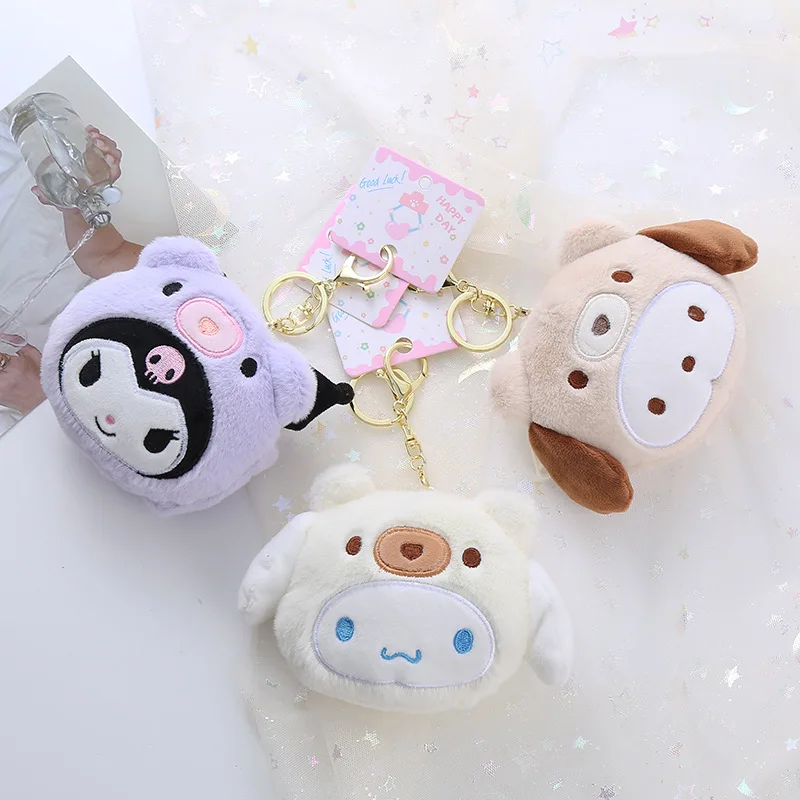 12Cm Sanrio Kawaii Mijn Melodie Kuromi Cinnamoroll Kt Kat Pluche Speelgoed Sleutelhangers Kleine Hanger Munt Portemonnee Koptelefoon Opbergtas