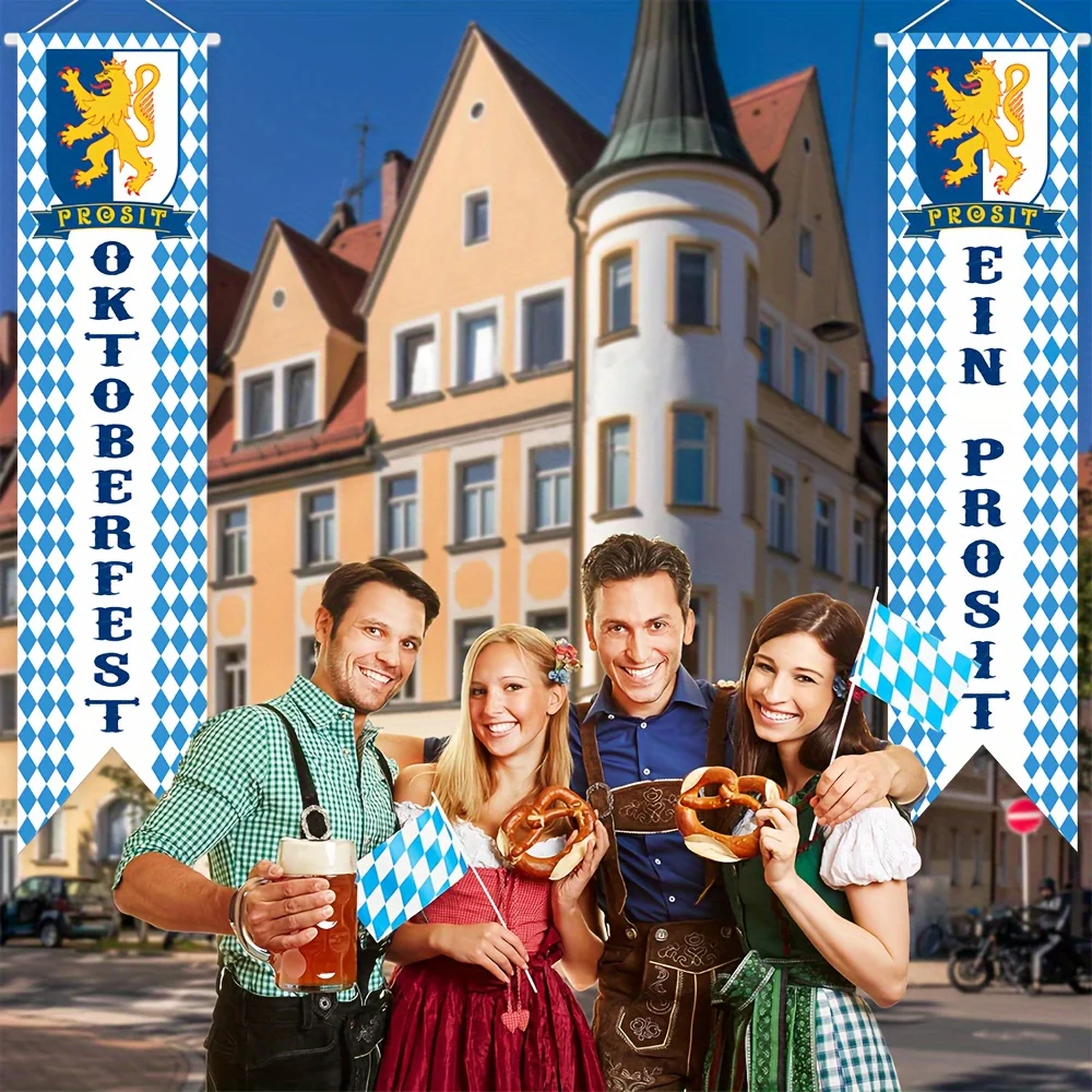 2-teiliges Oktoberfest-Willkommensbanner-Set, 51,1 x 11,8 Zoll, Blau-Weiße Bayerische Fahnen, Veranda-Dekoration für das Deutsche Bierfest – Detail 2