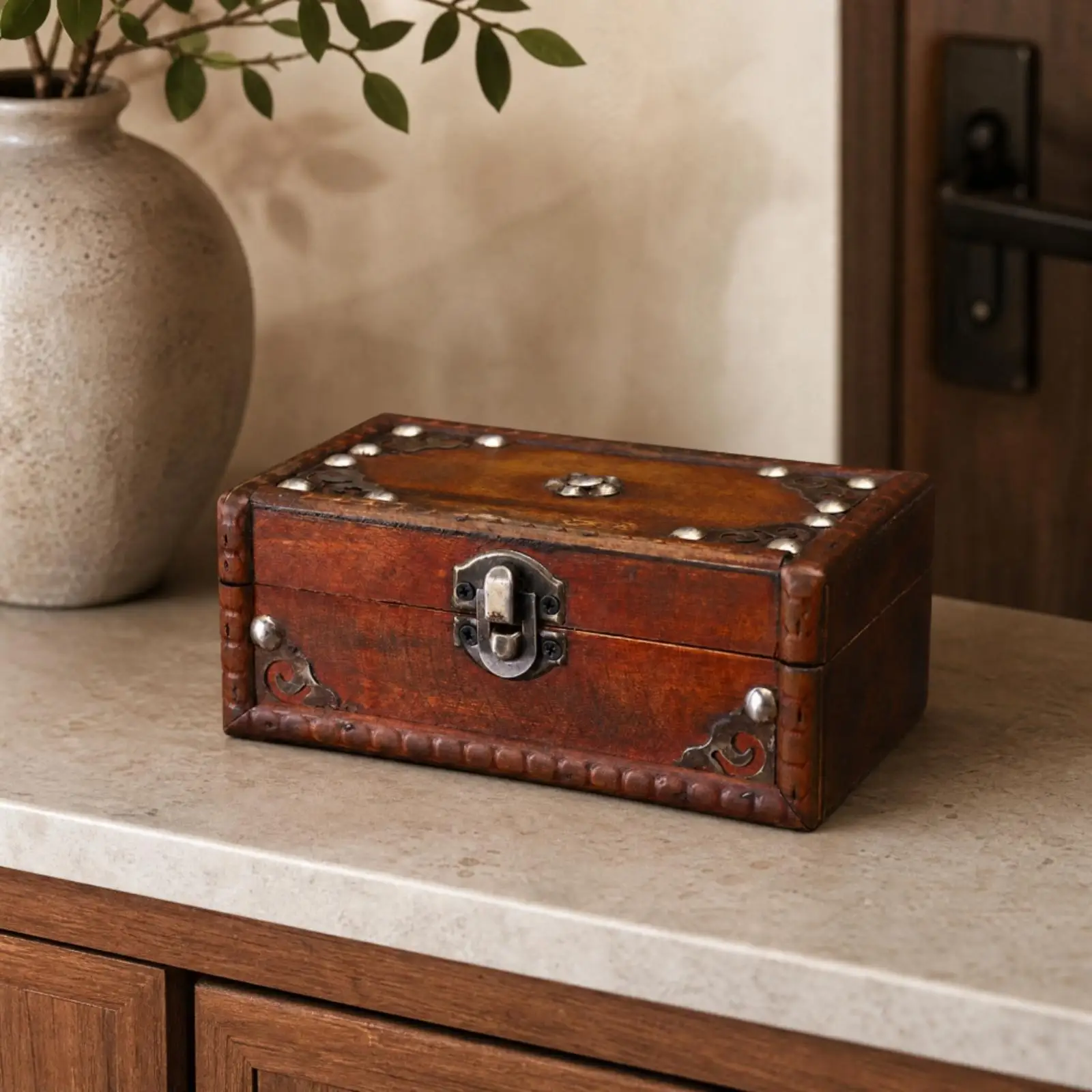 Distressed Wooden Storage Box with Metal Clasp Sturdy for Desk, Shelf