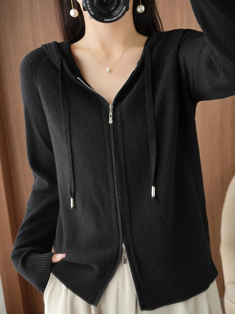 Women Hoodies Cardigan Wool Sweater Autumn Winter Casual Zipper Long Sleeves Solid Cashmere Knitwear Korean Fashion