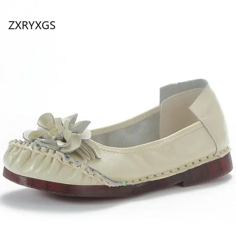 

ZXRYXGS Genuine Leather Classic Flower Shoes Fashion Flats 2024 Ethnic Style Single Shoes Flat Cow Tendon Sole Comfortable Shoes