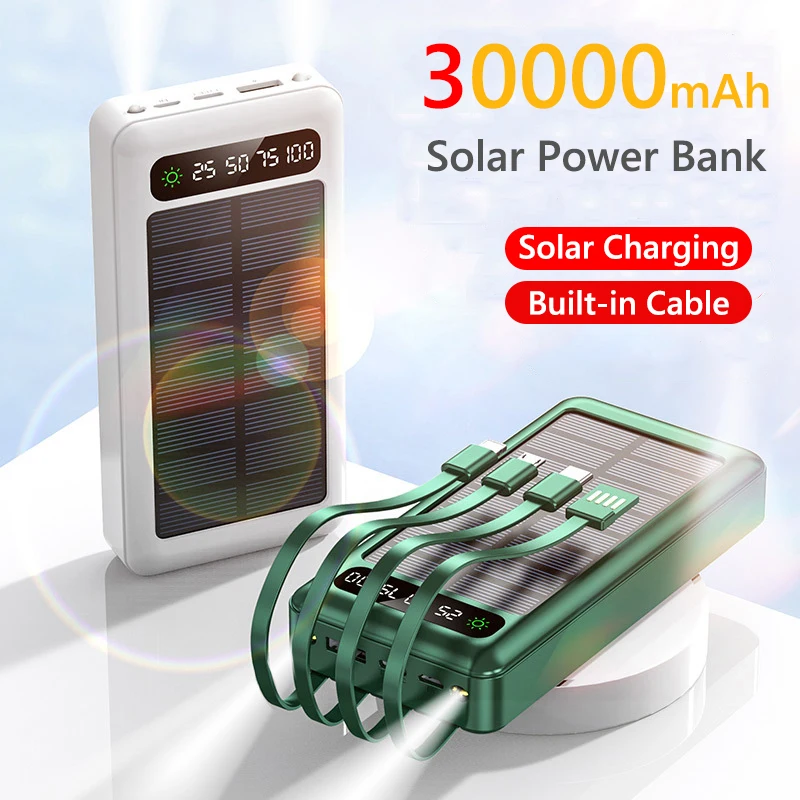 Solar Power Bank 30000mAh with Cable LED Light Fast Charging Powerbank for iPhone 16 15 pro Huawei Xiaomi Samsung S24 Poverbank