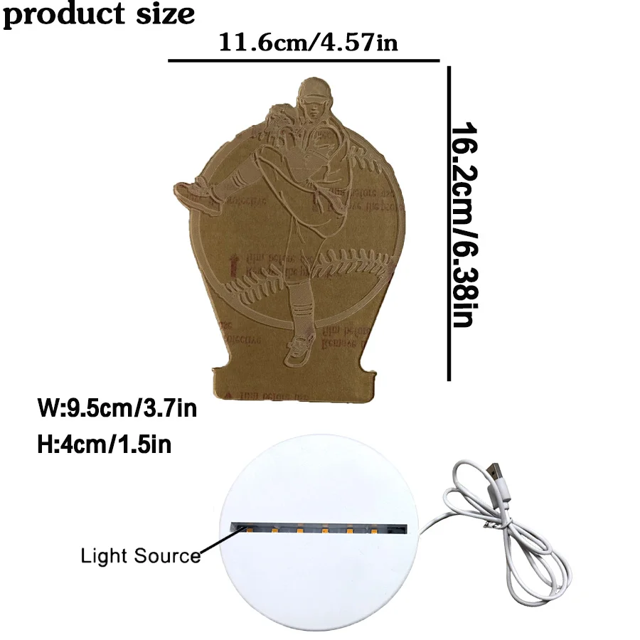 เครื่องเล่นเบสบอล 3D ที่ขับเคลื่อนด้วย USB 1 ชิ้นไฟกลางคืนสร้างสรรค์ บ้าน โต๊ะ ตกแต่งห้องนั่งเล่น ไฟกลางคืนของขวัญวันเกิด