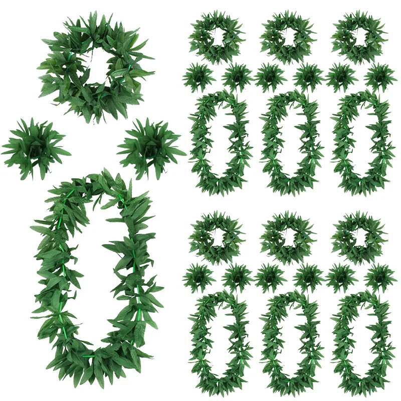 1/4Pcs Hawaiian Artificial Leaf Wreath Green Leaves Headband Bracelets Necklace Summer Beach Birthday Wedding Party Decorations - view 2