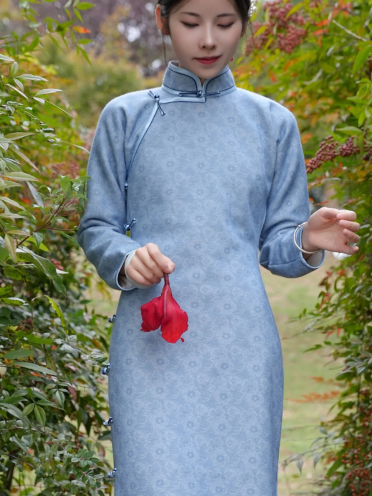 

Ретро-платье Rhein Autumn Winter с длинными рукавами, полностью распашное, приталенное, в китайском стиле, с узором «Цветы сливы»