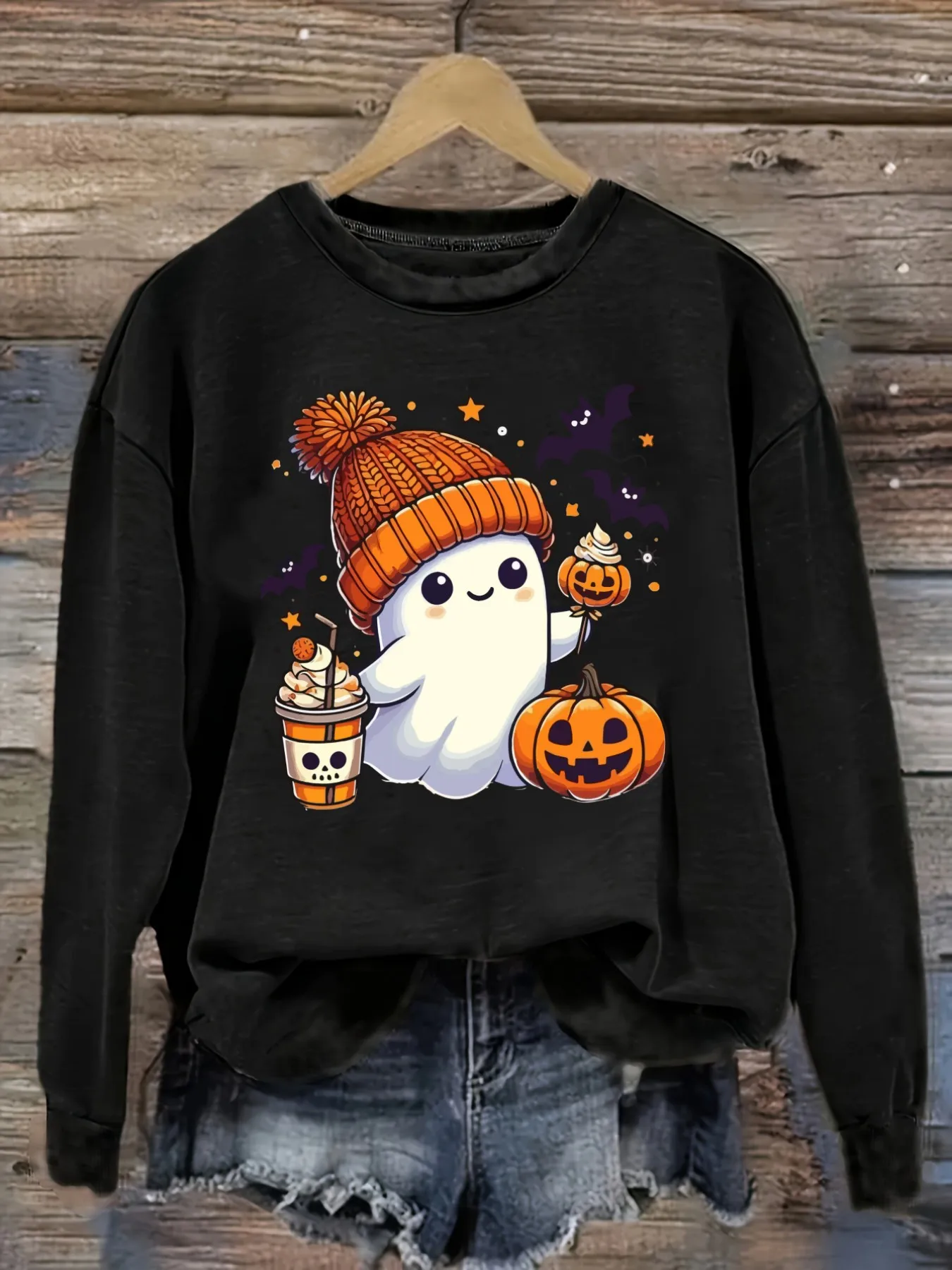 Women's Casual Long Sleeve Crew Neck T-Shirt Cute Ghost Halloween Pumpkin Print Design, Round Neck Women's Clothing, Machine Washable, Slightly Elastic, Loose Fit, Spring Autumn Winter Women's T-Shirt, Halloween Costume Outfit