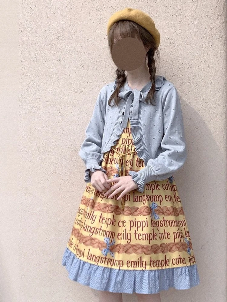 KOSAHISYELLO-Cardigan Lolita Japonais Kawaii pour Femme, Pull Vintage à Manches Lanternes, à Volants Fins, Manteau avec Espèce de Kardigany, Mignon Y-Girls