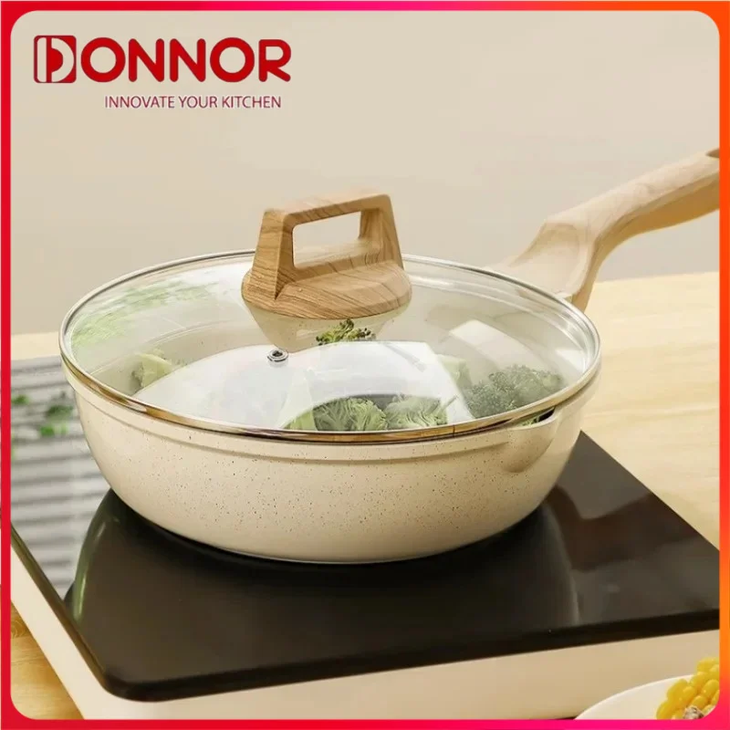 

DONNOR Frying Pan Wok Omelet Pans with Glass Lid Fried Meat Saucepan with Wooden Handle Cooking Pots Home Kitchen Accessories