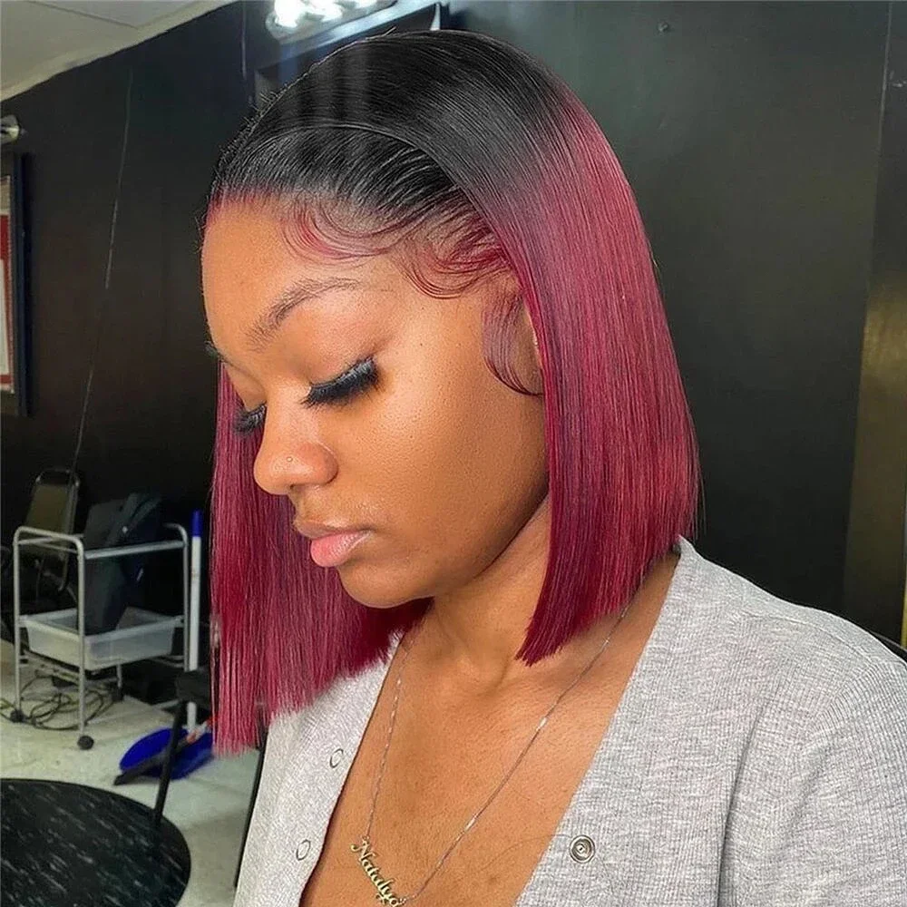 ﻿   Wig Rambut Manusia Bob Lurus Merah 13X4 dengan Lace Frontal untuk Wanita, Wig Rambut Manusia 100% Lurus Bob Pendek untuk Cosplay ﻿   HD (Definisi Tinggi)