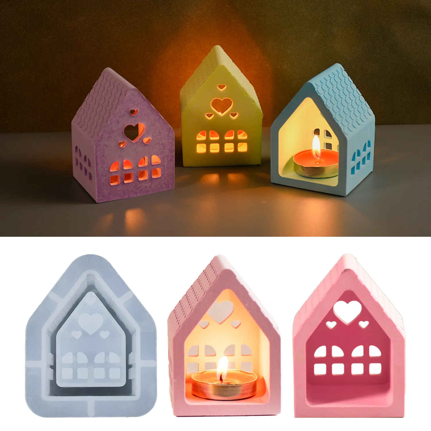 DIY Epoxy Silicone Mold Love Cottage House Candle Holder Silicone Mold Concrete Gypsum Candlestick Ornament Decoration Molds