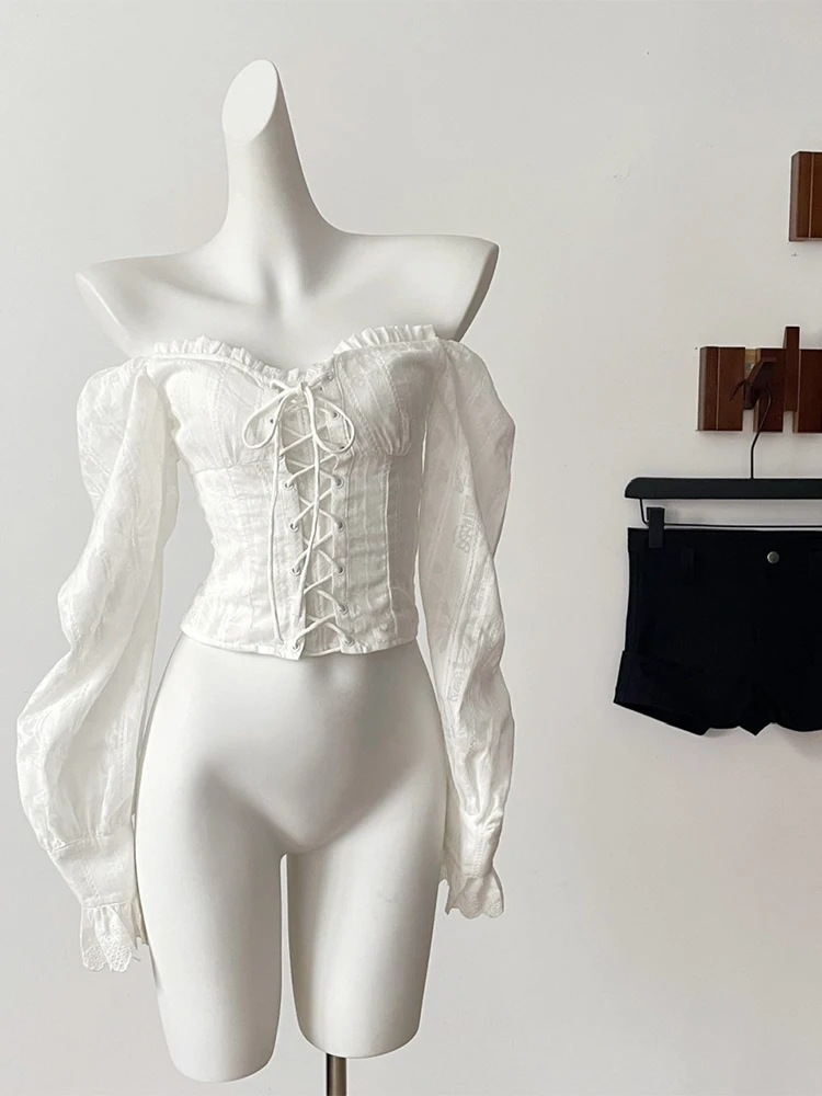 Women's White Shirts and Blouses Y2k Aesthetic Streetwear Vintage Korean 2000s Elegant Long Sleeve Square Collar Shirt Clothes - Image 5