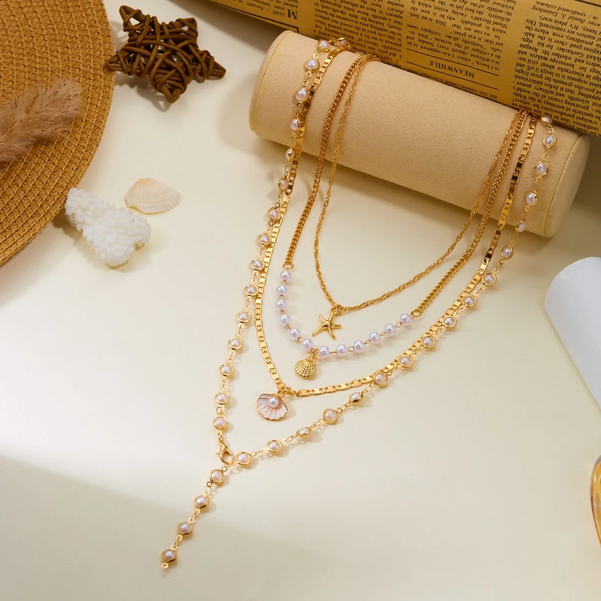 Sommerliche Muschel-Sternfisch-Halskette mit simulierten Perlen, Y-förmig, für Damen und Herren, Boho-Stil, meeresinspiriert, stapelbar, Choker, Schmuck für den Urlaub am Meer – Detail 21
