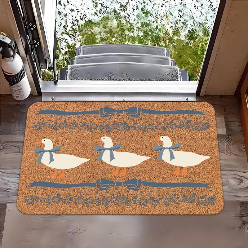 VIKAMA Coir Three Goose Blue Bow Ribbon Cute Farm Animal Art Flannel Door Mat Non Slip Entryway Bedroom Living Room Home Decor
