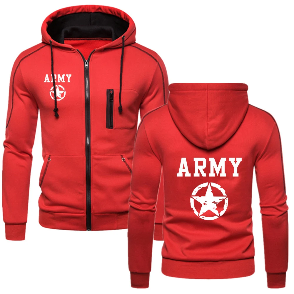 ARMY And Five Pointed Star New Men's Zip Print Hoodie Casual Solid Hooded Sweatshirt with Streetwear Hooody Coat for Male Jacket