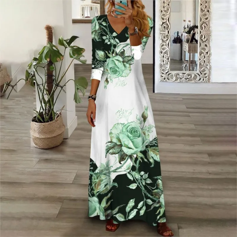 Women's New Printed V-neck Pullover Button Long Sleeved Dress For Women, Elegant And Generous Slim Fit A-line Skirt  Vestidos