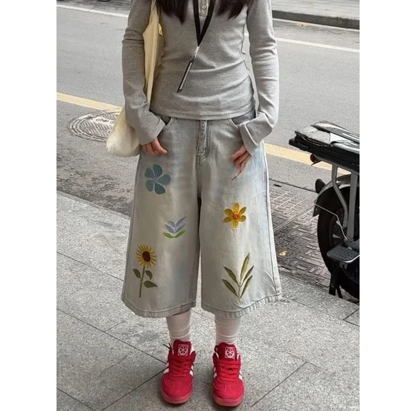 빈티지 꽃 자수 Y2k 청바지 여성 여름 루즈핏 와이드 레그 데님 반바지 하이웨이스트 스트릿웨어 캐주얼 숏 팬츠