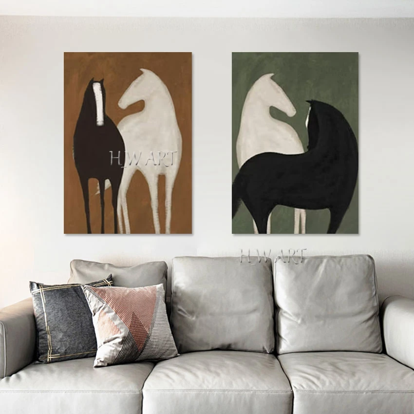 Horse Decor Painting, Acrylic Art Wall, Frameless, Black And White Textured Animal Picture, 2PCS Abstract Simple Canvas Artwork