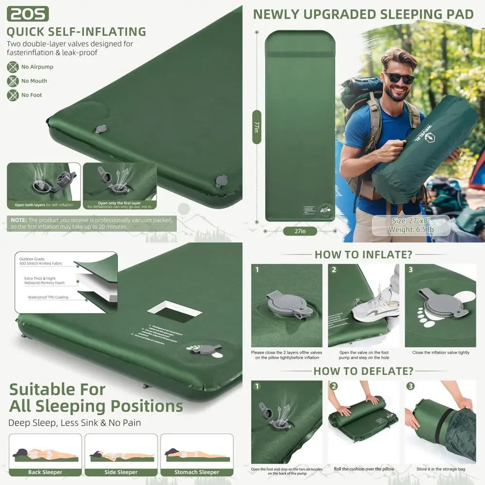 

Memory Sleng Pad, 3.1" Ultra-Thick oam Sleng Mats or Camping, Easy Iate&late,9.5 R-Value Insulated Camping MattrPad with Pillow,