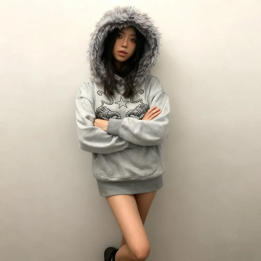 Y2K New Retro Hoodie Men's and Women's Wool Collar Printed Hoodie Autumn/Winter Thick Plush Collar Hoodie INS