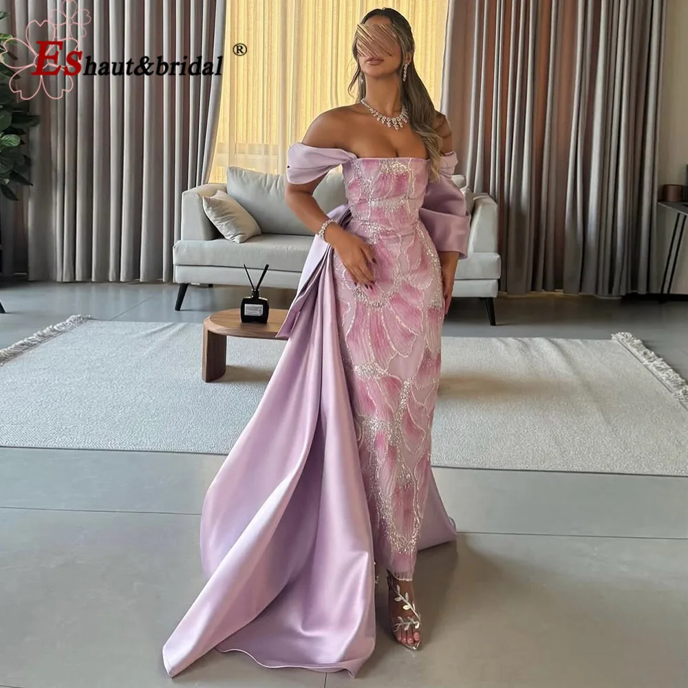 

Eshaut&bridal Elegant Pink Mermaid Evening Dress with skirt Flower Long Formal Prom Wedding Party Gown for Women Customized 2025