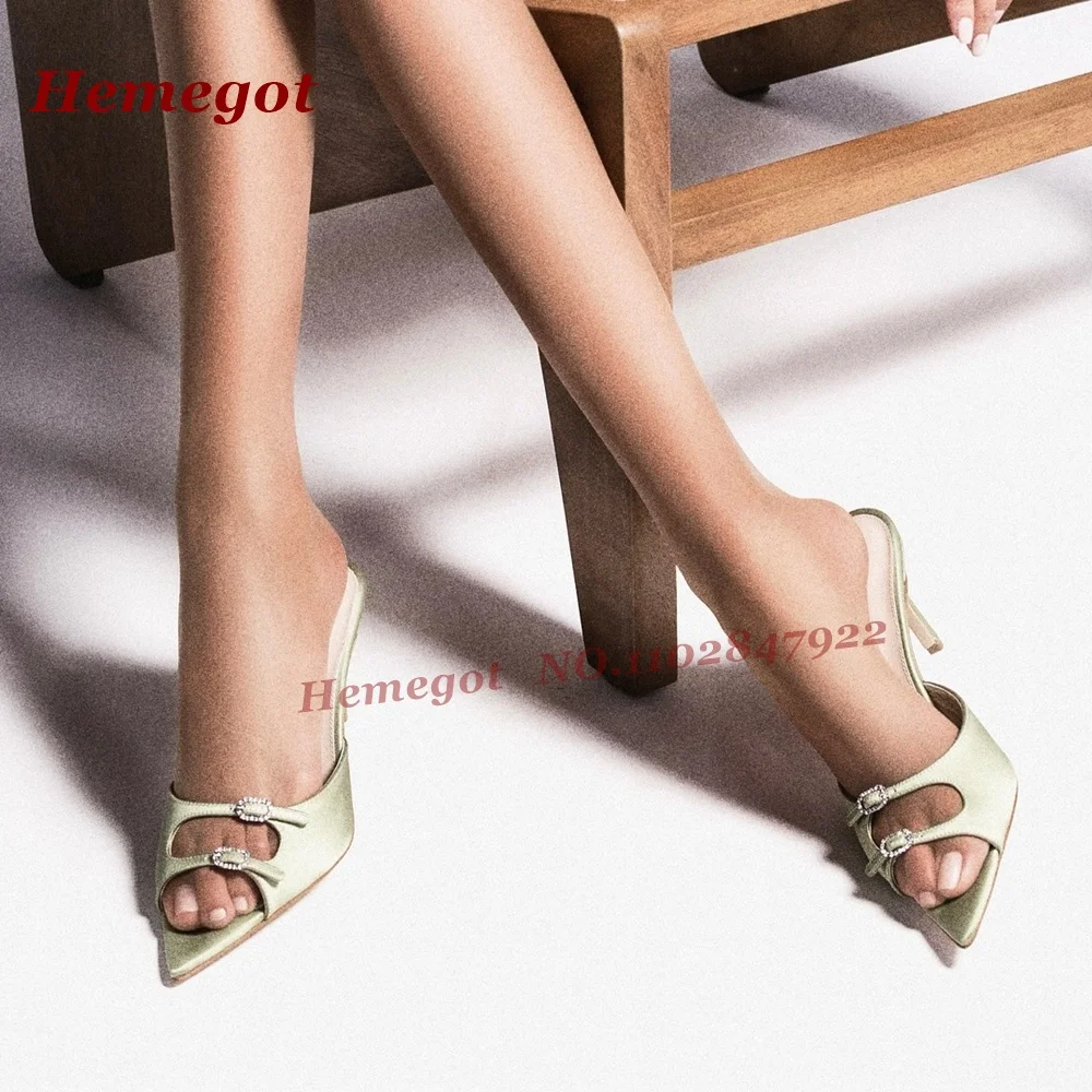 

Туфли-мюли из атласа цвета шалфейной зелени на каблуке со стразами, с острым носком, без задника, элегантные, для вечеринок и свадеб, с вырезами и вставками