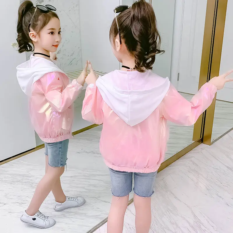 2024 Spring Autumn Teen Girls Jacket Windbreaker Fashion Shiny Letter Coat For Girls Hooded Outerwear Children Clothing 3-12 Yrs