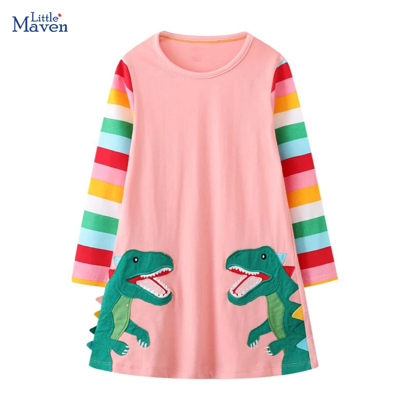 Little maven Baby Girls 2026 Spring Autumn Dress Kids Clothes Long Sleeve Cartoon Dinosaurs Dress Children's Clothing Cotton