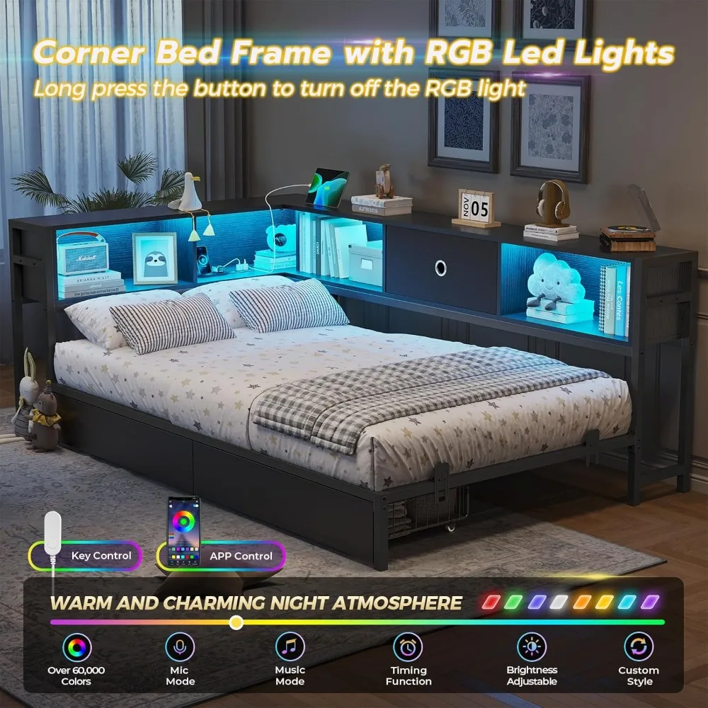 Twin Corner Bed Frame with Bookcase Storage and Led Lights Metal Platform Bed Frame Twin Size with Storage Drawers and Ch