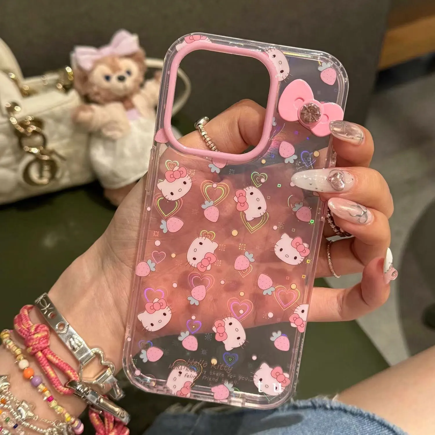 Sanrio-funda de teléfono con soporte de Hello Kitty para iPhone, carcasa con lazo láser para iPhone 16, 15, 14, 12, 13, 11 Pro Max, XR, XS MAX, 7, 8 PLUS, MINI Y2K