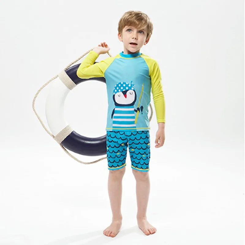 Children's two piece Penguin swimwear for medium/big boys Long sleeve Sun-proof Fast dry Swimming suit Bathing suit