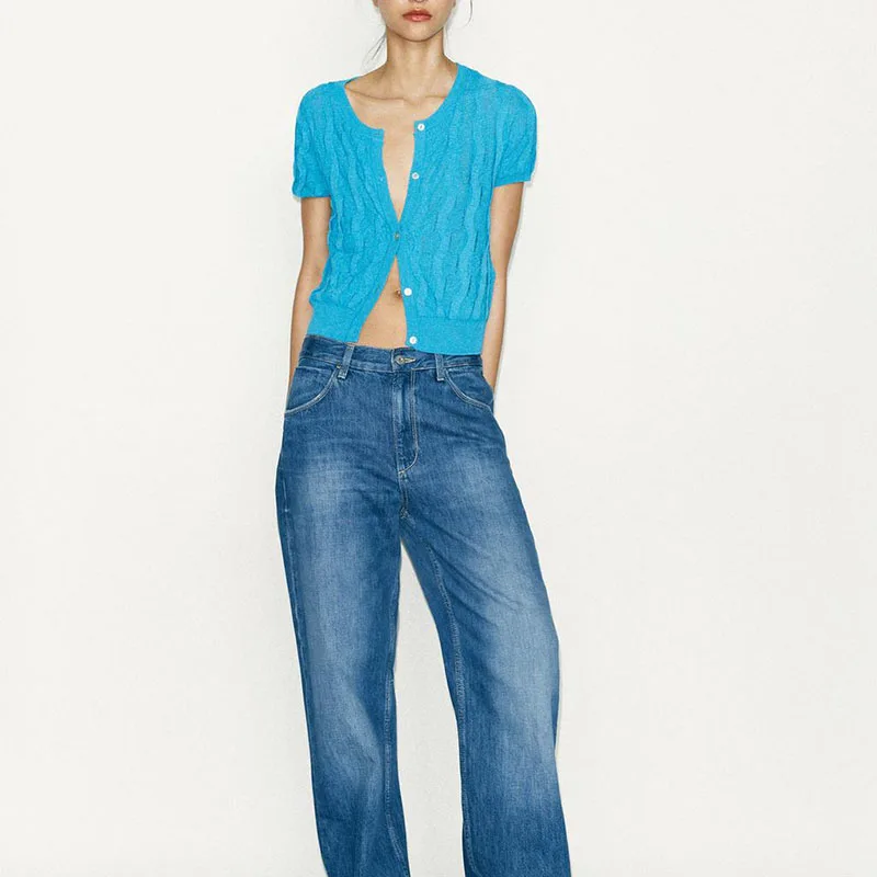 

Spring New Arrival Women's Knitted ort Sve round Ne Texture Outerwear Street Sle Slim Fit Pure Color Button up Coat