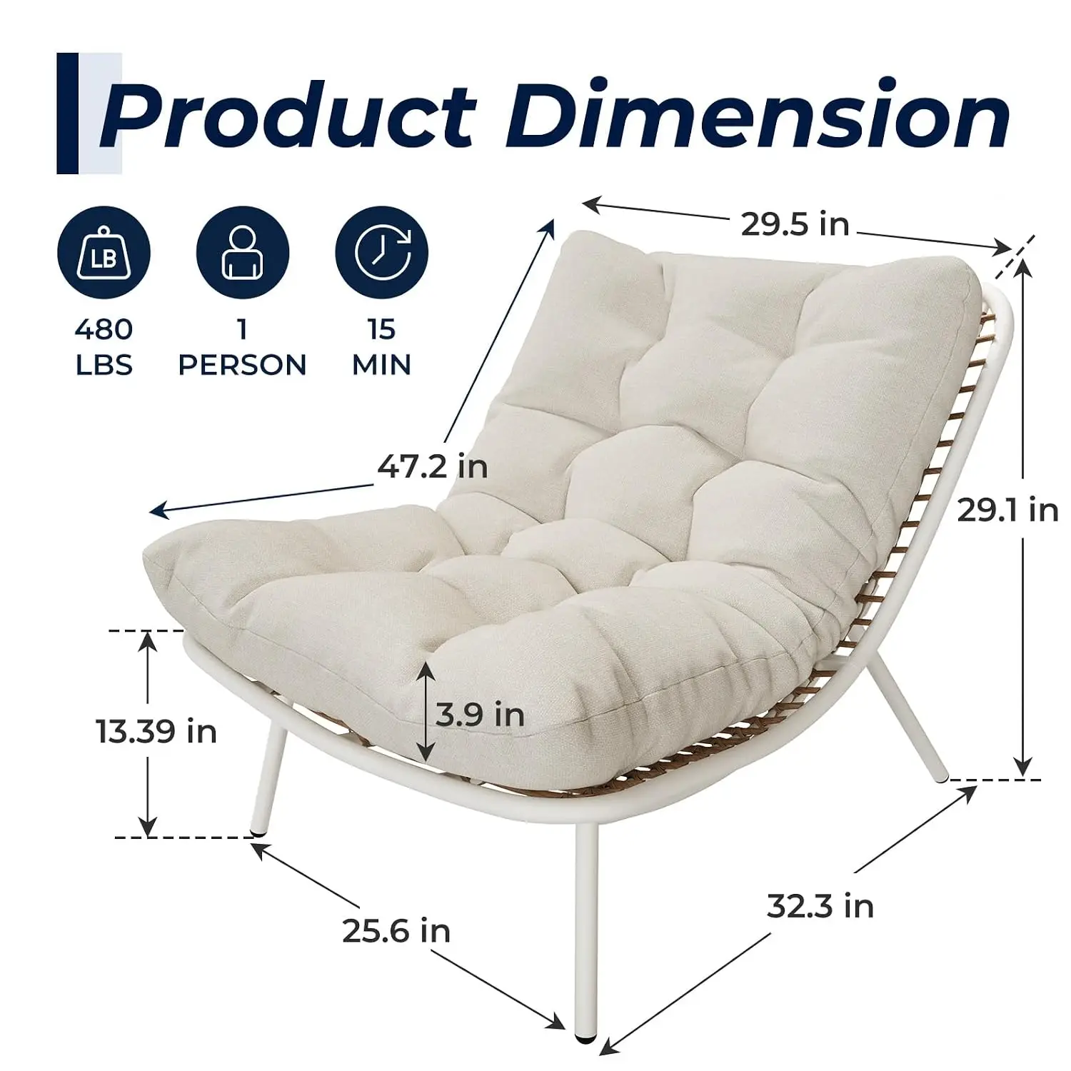 Ivory Wicker Papasan Lounge Chair with Cushion, Oversized Egg Recliner,Boho Indoor Outdoor Patio Chair for Porch Balcony Bedroom