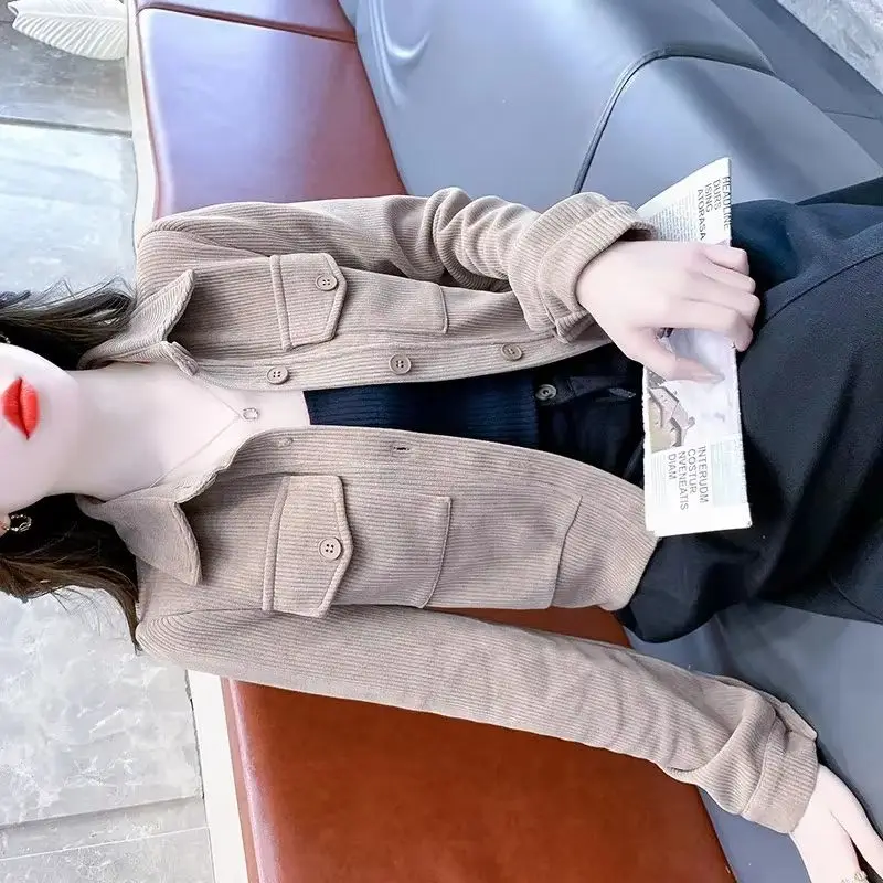 

Модный дизайн, вельветовая короткая рубашка, женская осень 2026, новая универсальная однобортная повседневная куртка, женская рубашка, пальто, топ