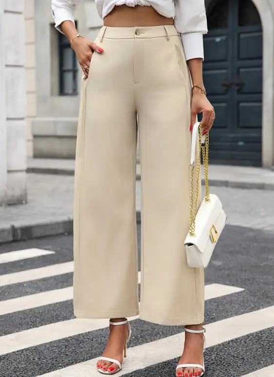 

Loose Women's Pants Spring Elegant Apricot Color Pleated Stitching On Both Sides High Waisted Commuting Style Wide Leg Pants